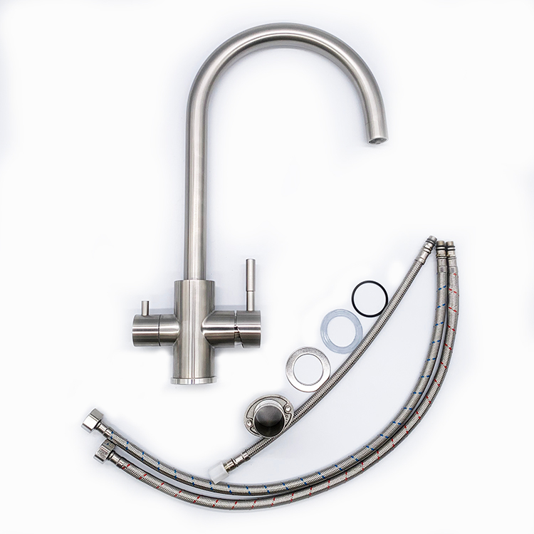Grifo mezclador para fregadero de cocina con manijas dobles de estilo moderno, acero inoxidable 304, grifo de agua saludable de 3 vías, filtro de agua para cocina