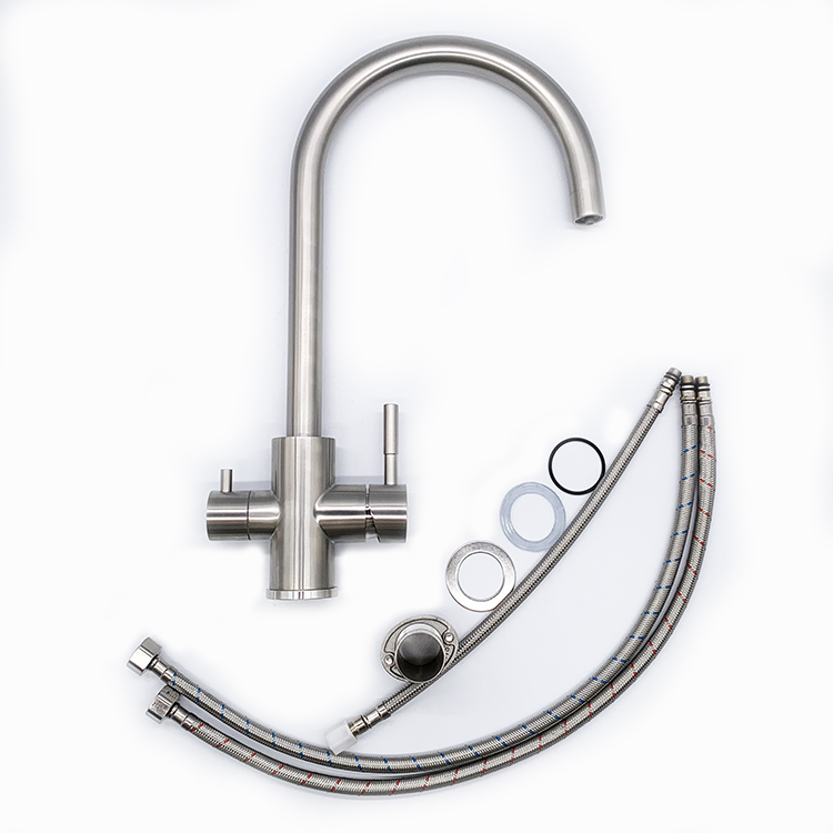 Grifo mezclador para fregadero de cocina con manijas dobles de estilo moderno, acero inoxidable 304, grifo de agua saludable de 3 vías, filtro de agua para cocina