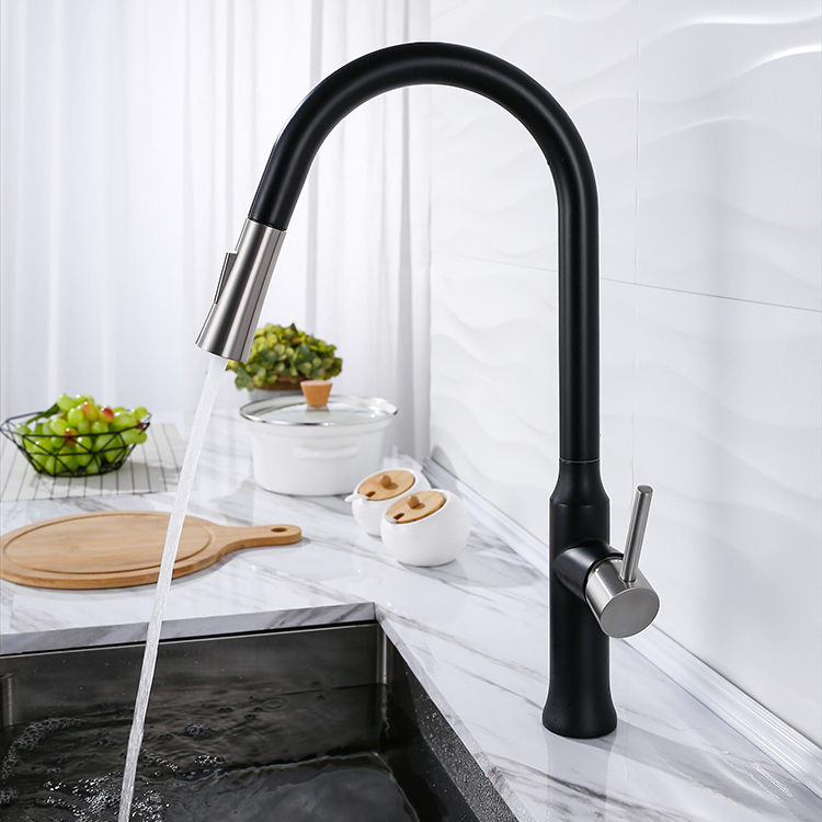 Grifo de cocina de alta calidad, grifo de cocina frío y caliente negro mate de acero inoxidable 304 con rociador extraíble