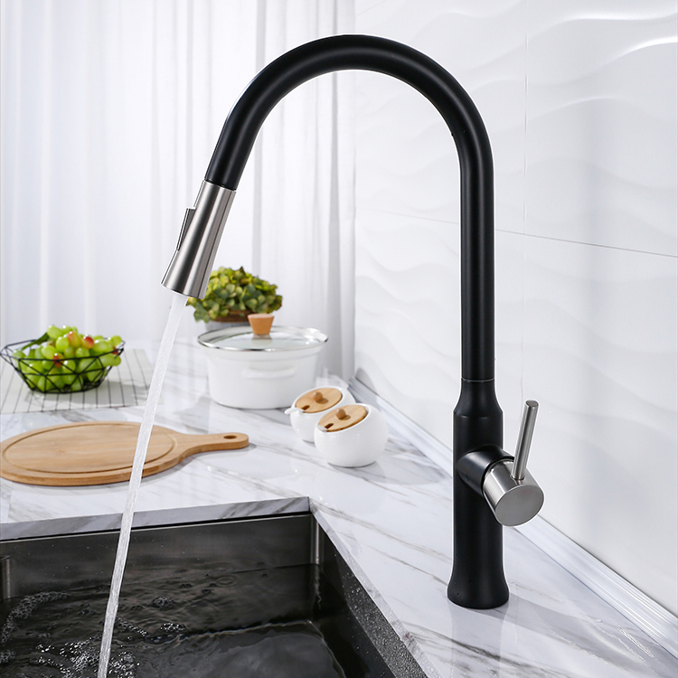 Grifo de cocina de alta calidad, grifo de cocina frío y caliente negro mate de acero inoxidable 304 con rociador extraíble