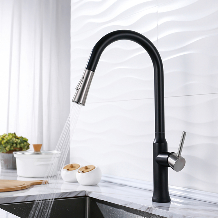Grifo de cocina de alta calidad, grifo de cocina frío y caliente negro mate de acero inoxidable 304 con rociador extraíble