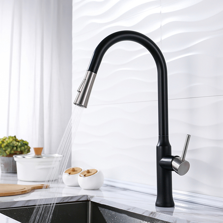 Grifo de cocina de alta calidad, grifo de cocina frío y caliente negro mate de acero inoxidable 304 con rociador extraíble